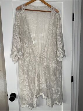 Beeline Sheer Crochet Lace Tie-Front Cover-Up Dress Ivory O/S boho whimsical